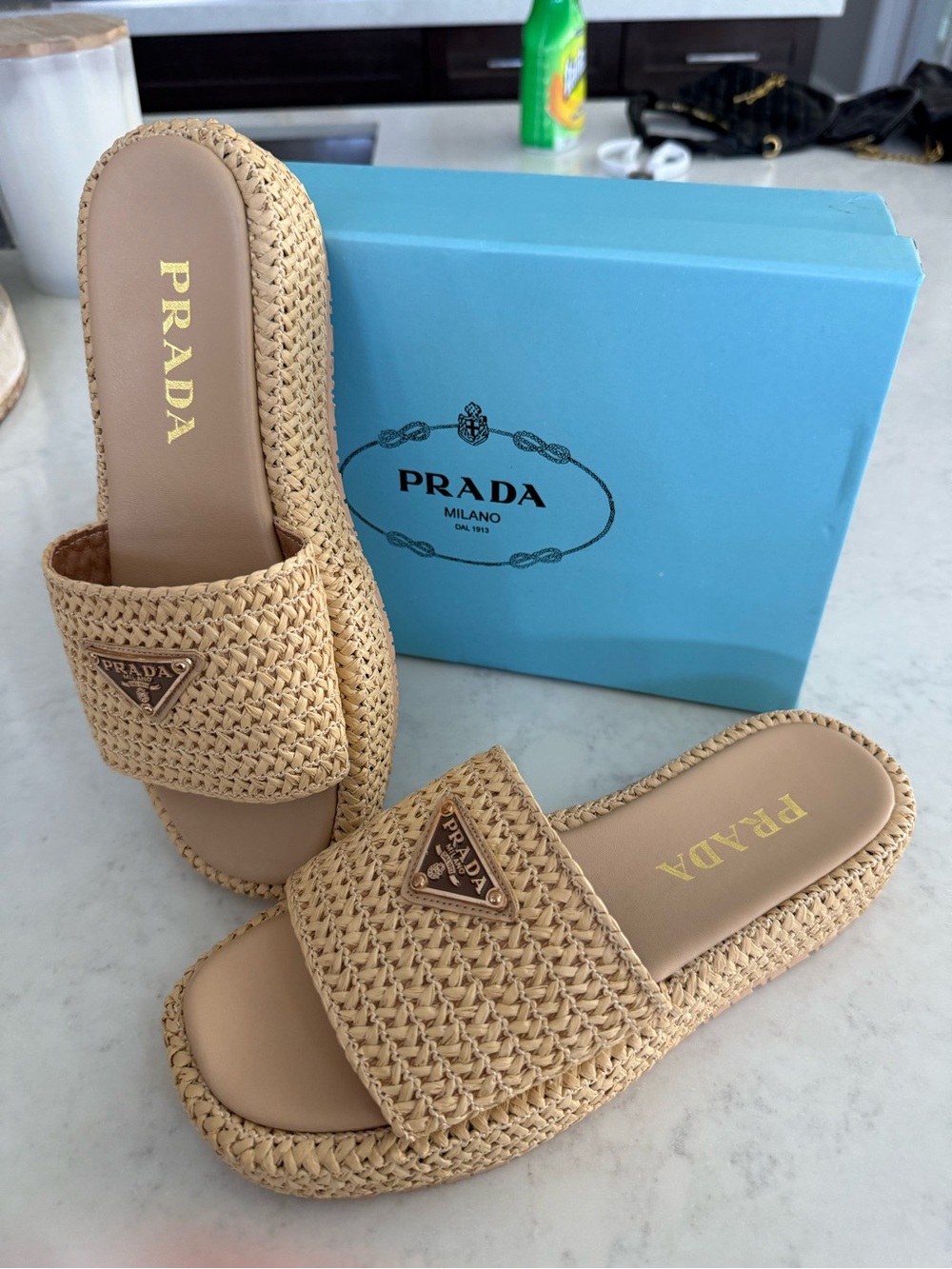 Beige Woven Slide Sandals